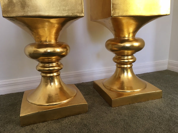Pair of Large Hollywood Regency Gold Gilt Pedestal Planters