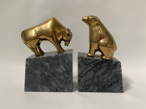 Pair of Brass Bear and Bull Bookends front view
