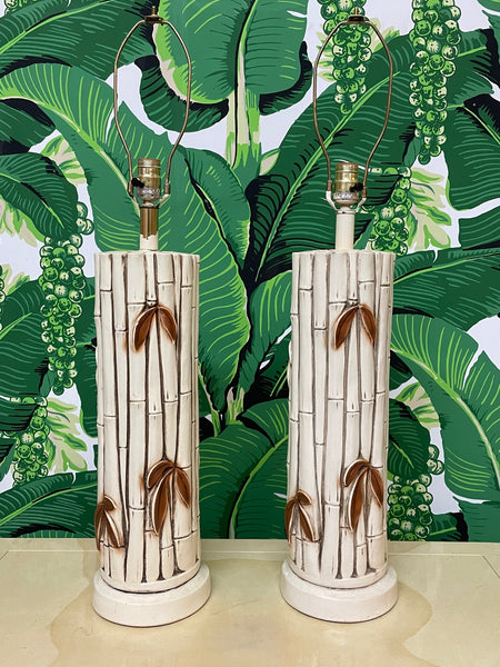 Mid Century Faux Bamboo Table Lamps, A Pair front view