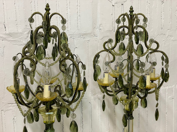 Vintage Green Glass Chandelier Table Lamps, a Pair close up