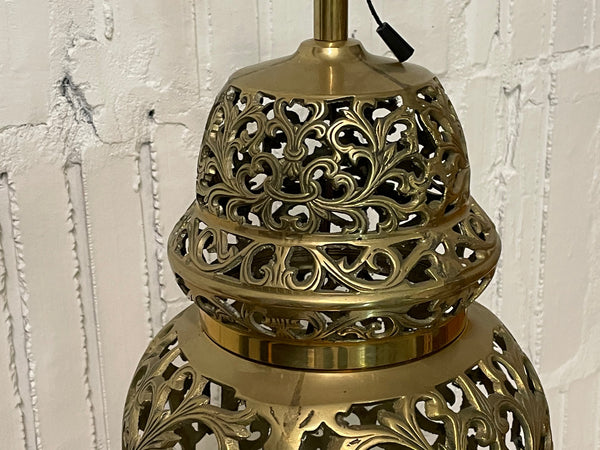 Brass Open Fretwork Cage Design Table Lamp close up
