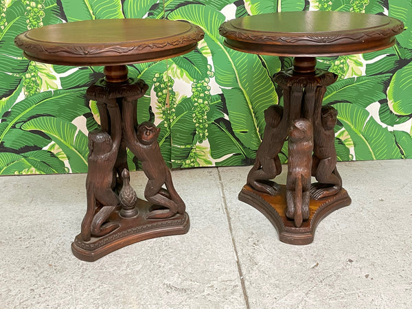 Hand Carved Monkey Pedestal Tables, a Pair front view