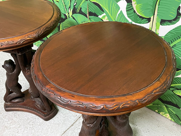 Hand Carved Monkey Pedestal Tables, a Pair top view