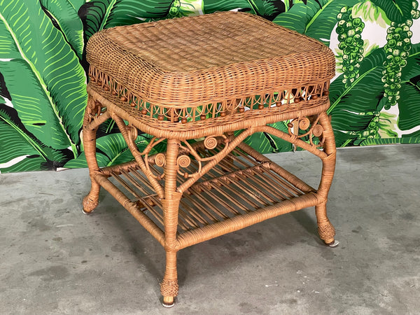 Wicker Fiddlehead Style Foot Stool or Ottoman in the Manner of Heywood Wakefield