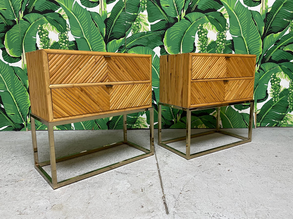 Split Reed Rattan and Brass End Tables or Nightstands
