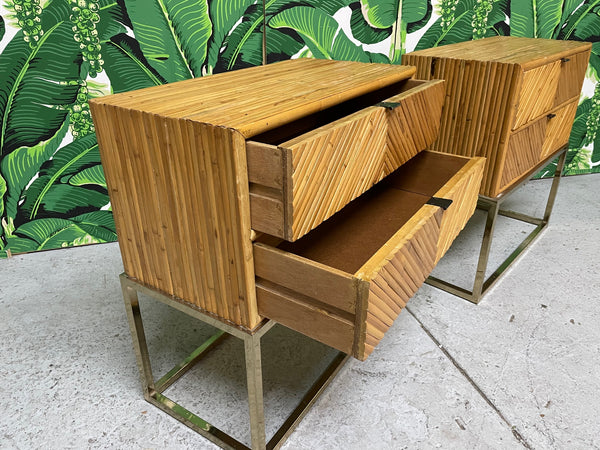 Split Reed Rattan and Brass End Tables or Nightstands open view