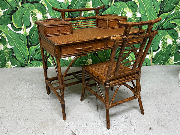 Bamboo and Rattan Pagoda Style Writing Desk and Chair