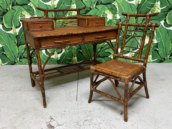 Bamboo and Rattan Pagoda Style Writing Desk and Chair front view