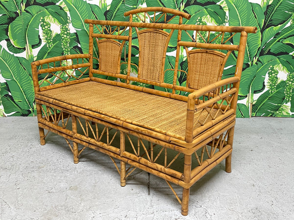 Chinoiserie Style Bamboo and Woven Wicker Loveseat Bench front view