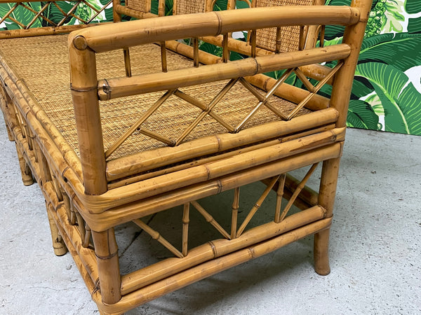 Chinoiserie Style Bamboo and Woven Wicker Loveseat Bench side view