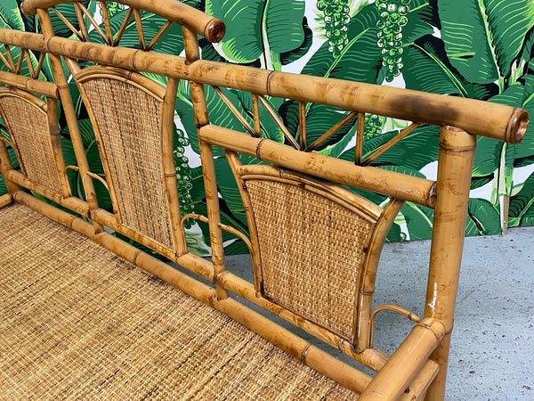 Chinoiserie Style Bamboo and Woven Wicker Loveseat Bench close up