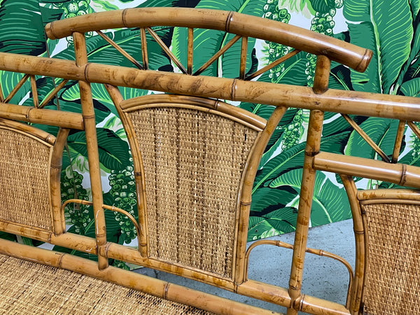 Chinoiserie Style Bamboo and Woven Wicker Loveseat Bench