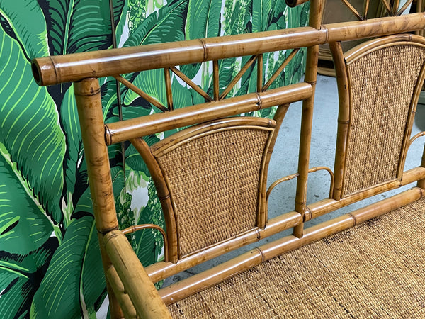 Chinoiserie Style Bamboo and Woven Wicker Loveseat Bench back view
