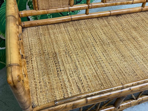 Chinoiserie Style Bamboo and Woven Wicker Loveseat Bench