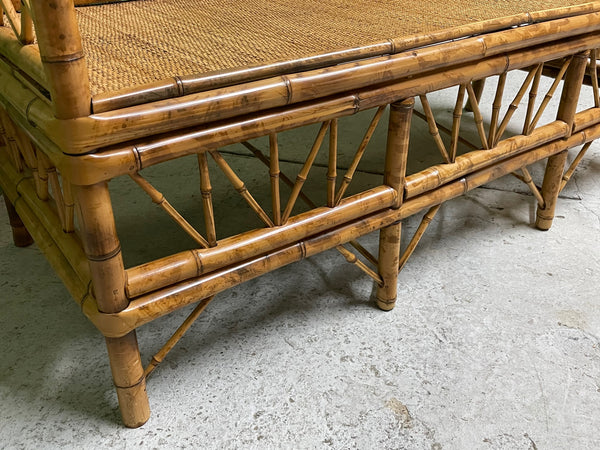 Chinoiserie Style Bamboo and Woven Wicker Loveseat Bench