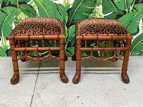 Faux Bamboo Pavilion Style Leopard Print Footstools, a Pair front view