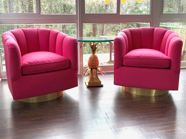 Pair of Channel Tufted Swivel Club Chairs in the Manner of Milo Baughman front view