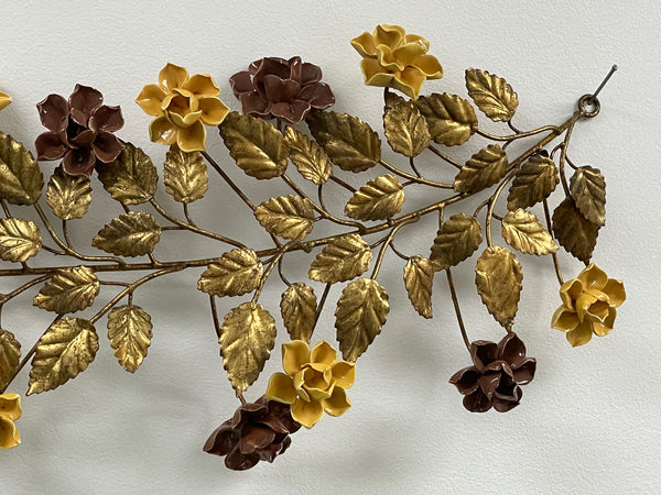 Gilt Tole Metal and Ceramic Rose Vine Wall Hanging