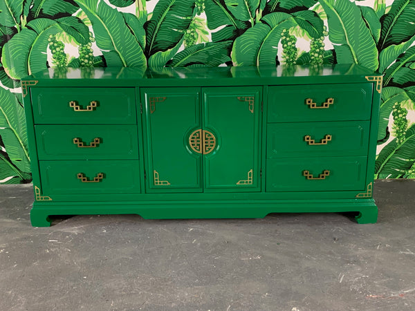 Green Lacquered Asian Chinoiserie Nine Drawer Dresser front view