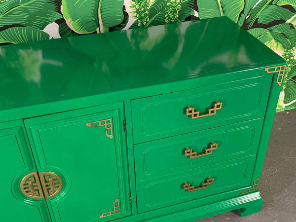 Green Lacquered Asian Chinoiserie Nine Drawer Dresser top view
