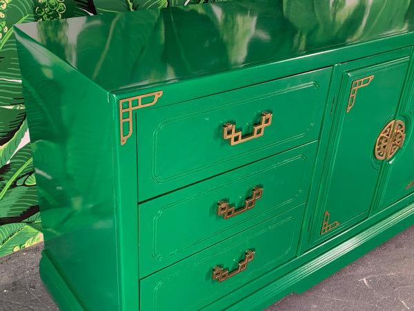 Green Lacquered Asian Chinoiserie Nine Drawer Dresser