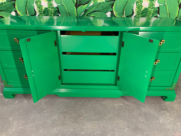 Green Lacquered Asian Chinoiserie Nine Drawer Dresser interior view