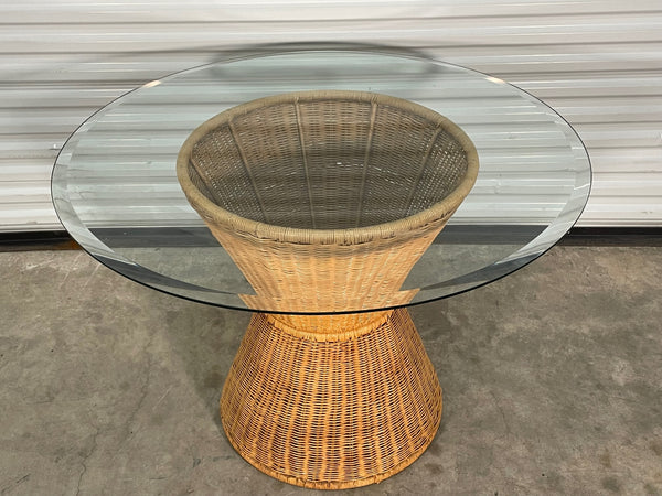 Wicker Round Pedestal Glass Top Dining Table