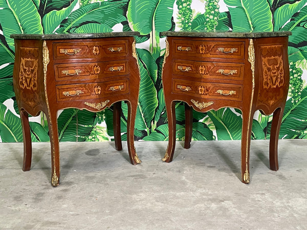 French Louis XV Style End Tables With Ormolu Trim and Green Marble Tops, a Pair
