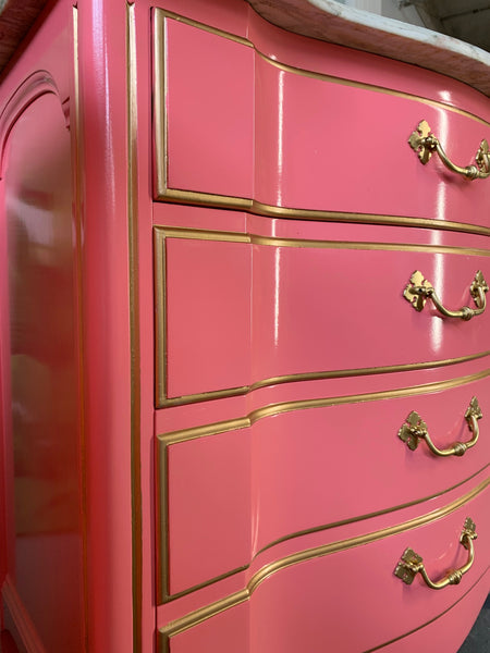 Pair of Pink Lacquered Marble-Top French Provincial Dressers by John Widdicomb close up