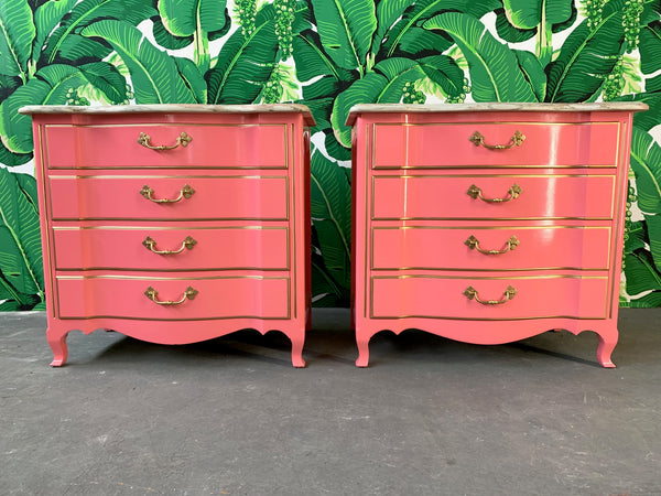 Pair of Pink Lacquered Marble-Top French Provincial Dressers by John Widdicomb front view