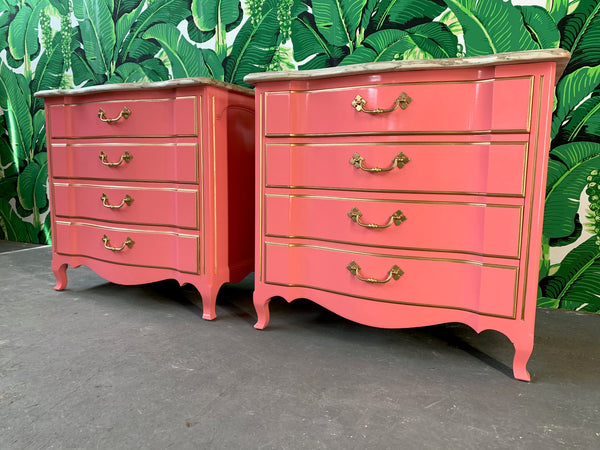 Pair of Pink Lacquered Marble-Top French Provincial Dressers by John Widdicomb