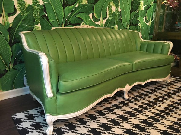 Dorothy Draper Style Green Leather French Provincial Sofa Right Side