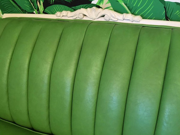 Dorothy Draper Style Green Leather French Provincial Sofa back 