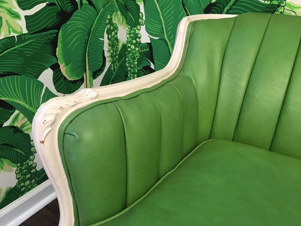 Dorothy Draper Style Green Leather French Provincial Sofa arm