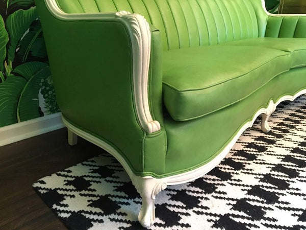Dorothy Draper Style Green Leather French Provincial Sofa right close up