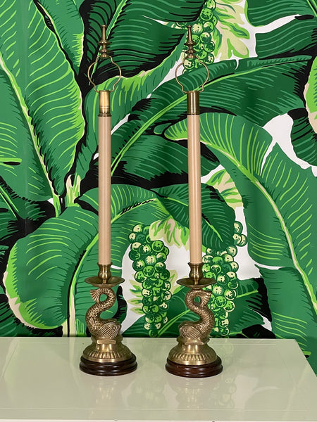 Brass Asian Dolphin Candlestick Table Lamps