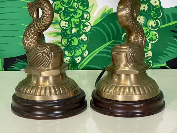 Brass Asian Dolphin Candlestick Table Lamps