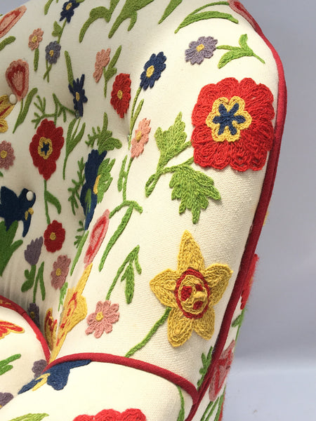 Crewel Embroidered Floral Hollywood Regency Club Chair