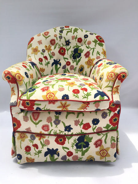 Crewel Embroidered Floral Hollywood Regency Club Chair