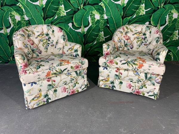 Pair of Floral Upholstered Swivel Club Chairs front view