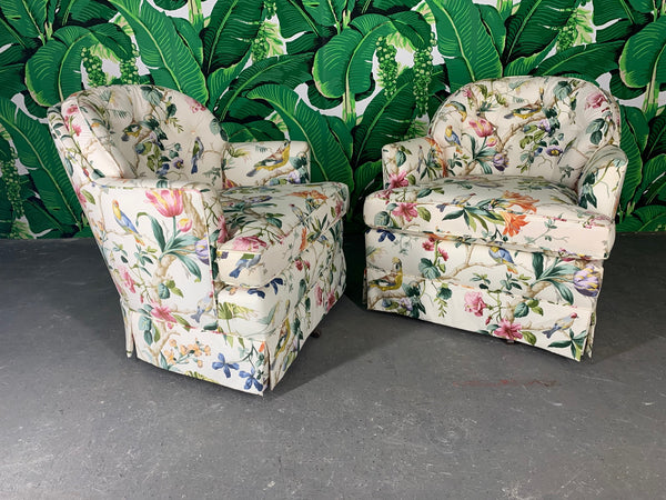 Pair of Floral Upholstered Swivel Club Chairs side view