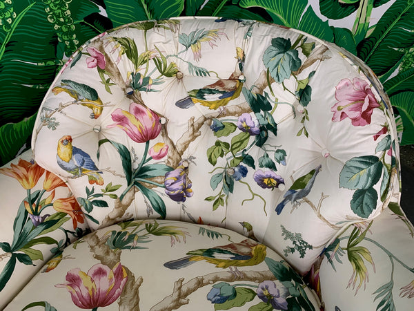 Pair of Floral Upholstered Swivel Club Chairs close up