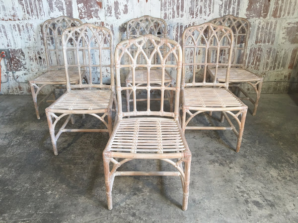 Set of Six Vintage McGuire Bamboo Cathedral Dining Chairs