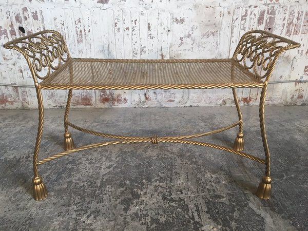 Hollywood Regency Gold Gilt Wrought Iron Tassel Vanity Bench