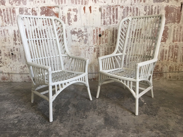 Pair of Vintage Ficks Reed Rattan High Back Chairs
