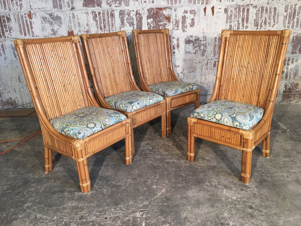 Set of Four Split Reed Rattan High Back Dining Chairs