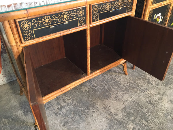 Pair of Asian Hand Painted Bamboo Cabinets Circa 1950s