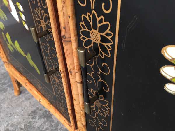 Pair of Asian Hand Painted Bamboo Cabinets Circa 1950s