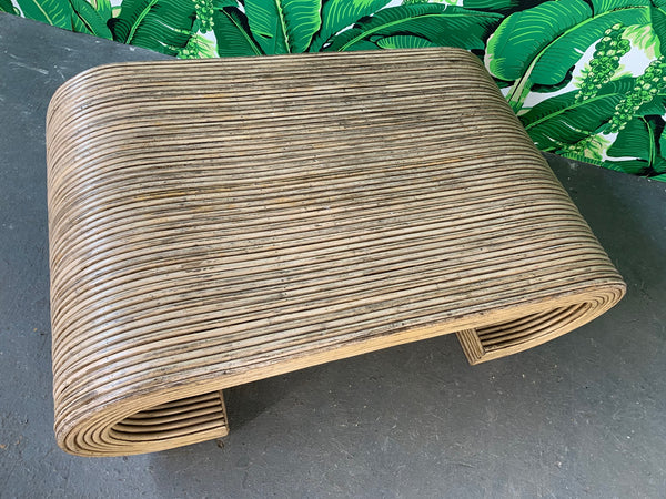 Split Reed Rattan Wrapped Scroll Coffee Table in the Style of Crespi close up