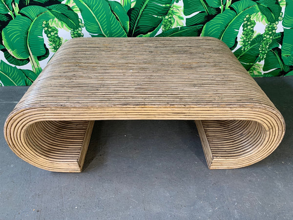 Split Reed Rattan Wrapped Scroll Coffee Table in the Style of Crespi